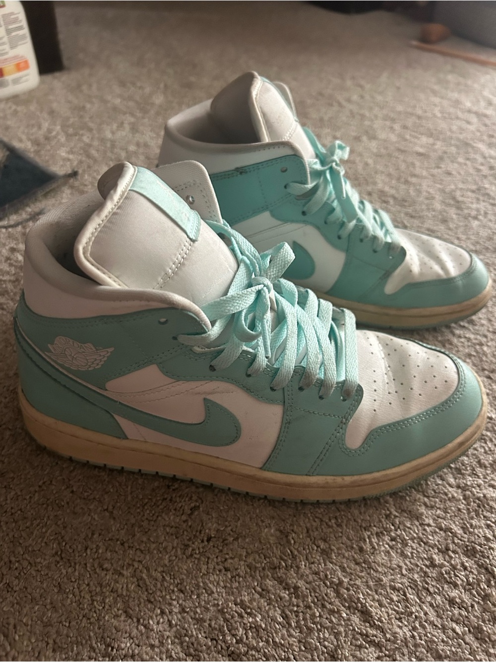 Jordan Women’s Mint Green and White High-Top Sneakers